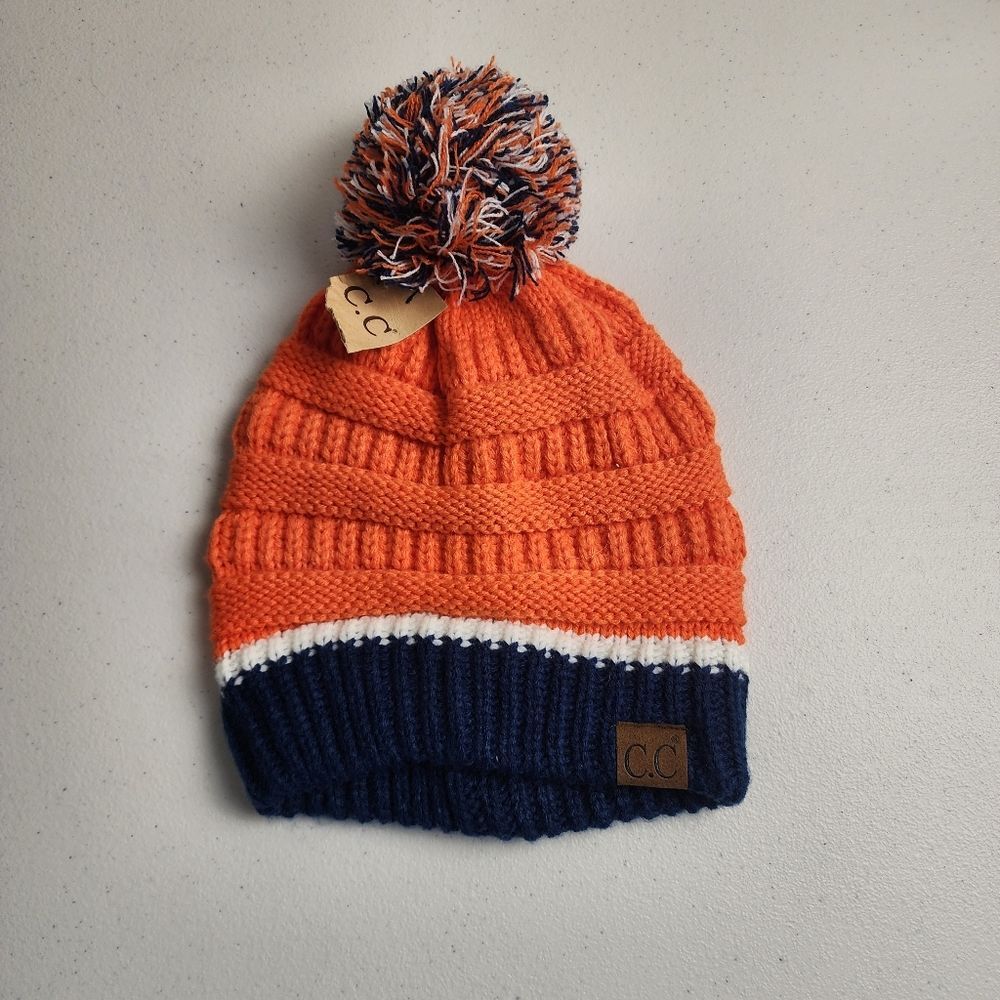 C.C. Beanie Pom Knit Hat Orange Navy Colorblock Winter Ski Cold Weather